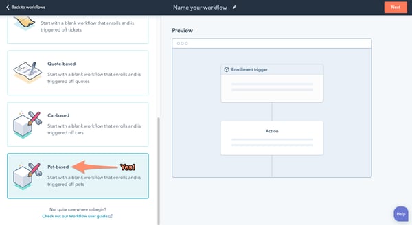 Workflows workspace showing where custom objects can be easily added.