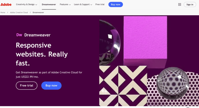 wysiwyg html editor adobe dreamweaver homepage featuring responsive websites really fast tagline with purple geometric design and pricing for creative cloud