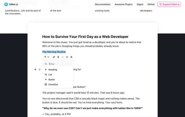 wysiwyg html editor block menu in editor.js showing content options including heading, list, quote, and checklist blocks for web developer article