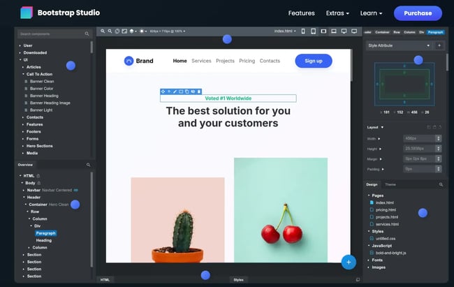 wysiwyg html editor bootstrap studio interface showing component library navigation, visual canvas with cactus and cherry images, and styling attributes panel