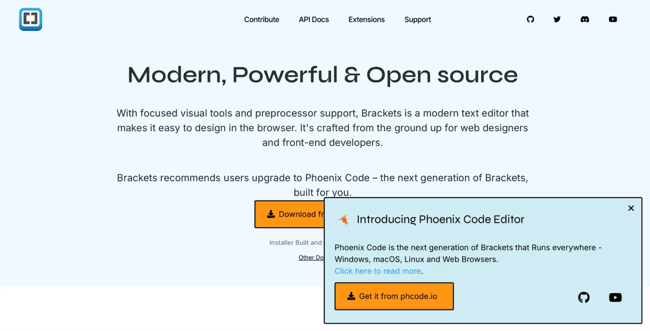 wysiwyg html editor brackets homepage announcing modern powerful open source tagline with phoenix code editor upgrade modal popup