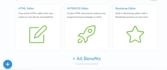 wysiwyg html editor comparison page displaying three editor options, html editor, wysiwyg editor, and bootstrap editor with feature icons