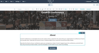 wysiwyg html editor content hub interface showing split view with text content about traditional animation on left and interactive hot air balloon infographic with sunset background on right