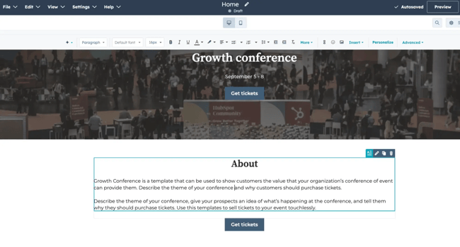 wysiwyg html editor content hub interface showing split view with text content about traditional animation on left and interactive hot air balloon infographic with sunset background on right