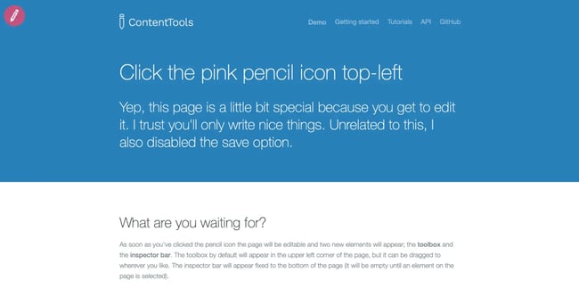 wysiwyg html editor contenttools demo page with pink pencil icon and instructions for activating editable interface on blue background