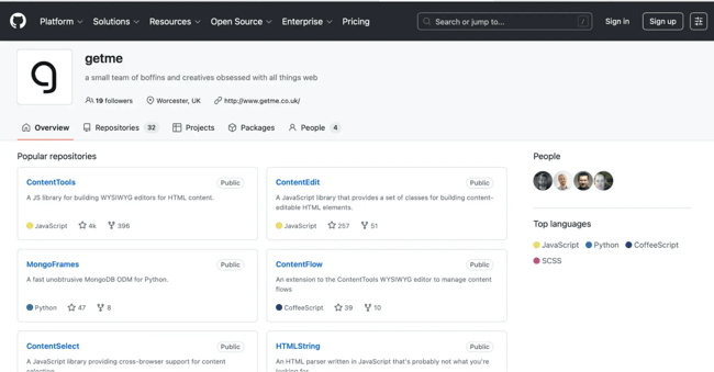wysiwyg html editor contenttools github repository page showing public repositories including contentedit and mongoframes projects