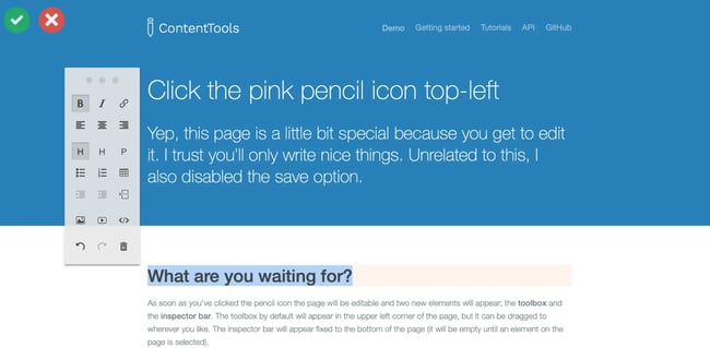 wysiwyg html editor contenttools in active editing mode showing toolbar with bold, italic, link, heading, list, and formatting controls