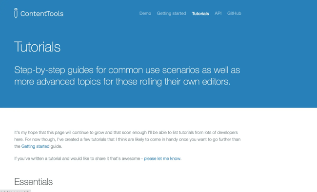 wysiwyg html editor contenttools tutorials page displaying step-by-step guides for common use scenarios and advanced topics