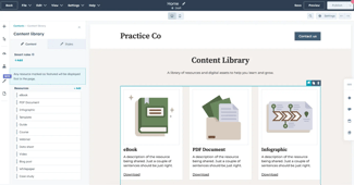 wysiwyg html editor dashboard in hubspot displaying story header editor with hot air balloon hero image, add your title text, left sidebar sections panel, and publish controls.