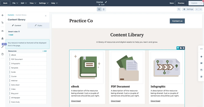 wysiwyg html editor dashboard in hubspot displaying story header editor with hot air balloon hero image, add your title text, left sidebar sections panel, and publish controls.