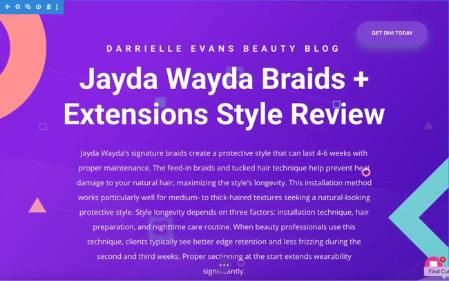 wysiwyg html editor divi builder displaying darrielle evans beauty blog with jayda wayda braids extensions style review article on vibrant purple gradient background