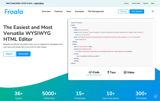 wysiwyg html editor froala homepage displaying the easiest and most versatile wysiwyg html editor headline with embedded code example and statistics showing 36+ plugins