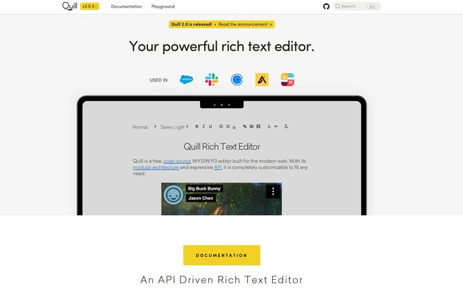 wysiwyg html editor homepage for quill displaying tagline your powerful rich text editor with company logos and modular api-driven architecture preview