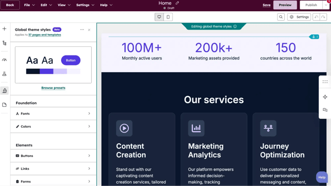 wysiwyg html editor in hubspot showing global theme styles panel with typography and color controls alongside preview of services page displaying 100m+ monthly users statistic