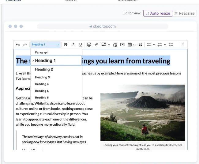wysiwyg html editor interface in ckeditor displaying heading level dropdown menu with options from heading 1 through heading 6 for travel blog content