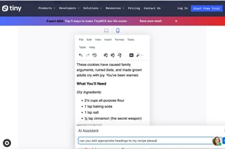 wysiwyg html editor mobile view in tinymce showing ai assistant prompt interface for adding headings to recipe with responsive layout