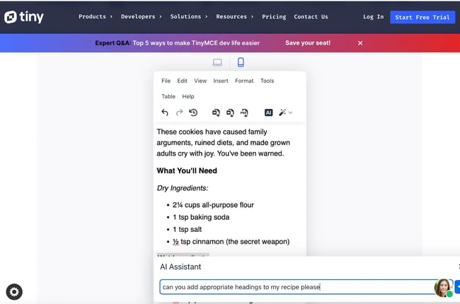 wysiwyg html editor mobile view in tinymce showing ai assistant prompt interface for adding headings to recipe with responsive layout