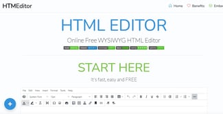 wysiwyg html editor online free tool homepage displaying start here call-to-action with comprehensive formatting toolbar preview