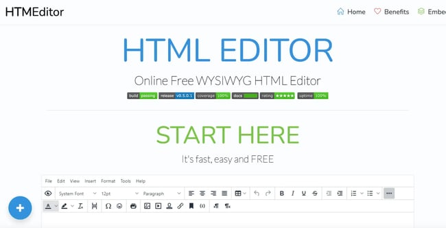wysiwyg html editor online free tool homepage displaying start here call-to-action with comprehensive formatting toolbar preview