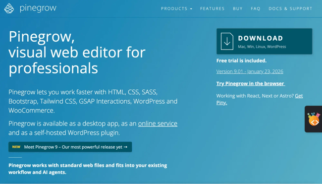 wysiwyg html editor pinegrow homepage advertising visual web editor for professionals with support for html, css, bootstrap, tailwind, and wordpress