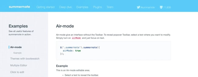 wysiwyg html editor summernote examples documentation page showing air-mode feature with interface code implementation