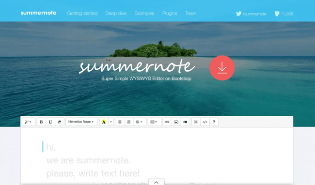 wysiwyg html editor summernote homepage featuring ocean background image with tagline super simple wysiwyg editor on bootstrap and formatting toolbar