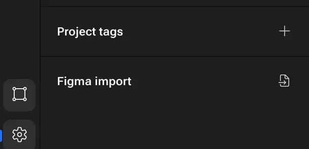 wysiwyg html editor vev interface showing project tags configuration panel and figma import option on dark background