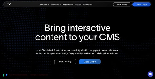 wysiwyg html editor vev platform homepage with headline bring interactive content to your cms on dark textured background with start testing button