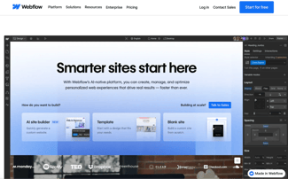 wysiwyg html editor webflow designer interface displaying smarter sites start here headline with three building options, ai site builder, template, and blank site