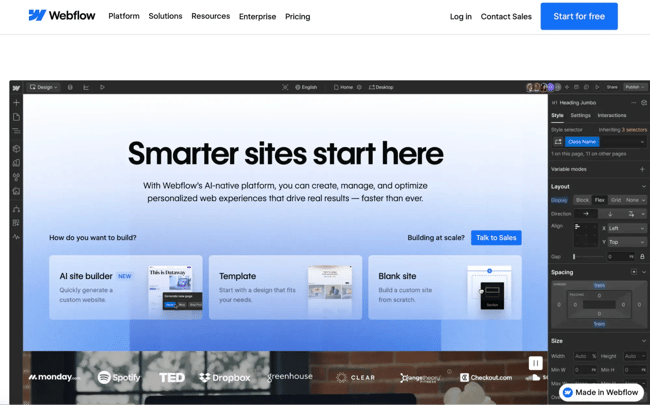 wysiwyg html editor webflow designer interface displaying smarter sites start here headline with three building options, ai site builder, template, and blank site