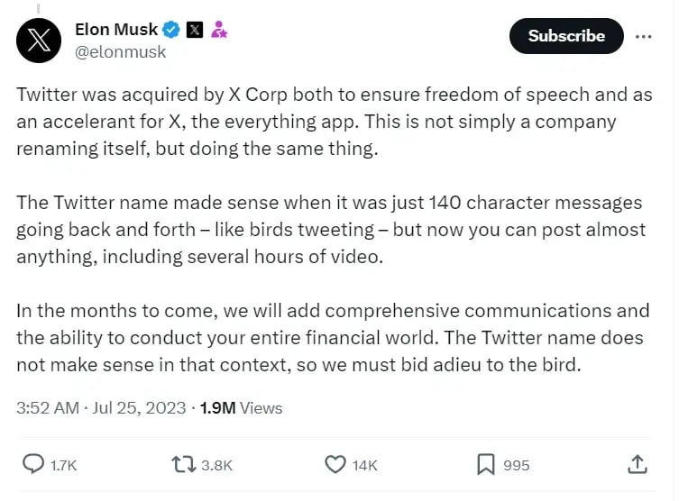 Musks post about the new Twitter name