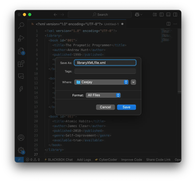 xml file saving an xml file