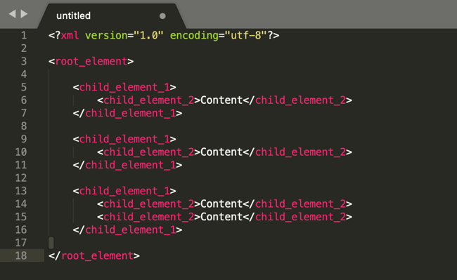 Un archivo XML en el editor con el elemento raíz y los elementos hijo.