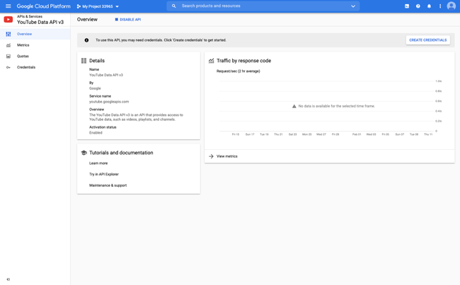 Dashboard for the YouTube Data API, where you can then create a credential