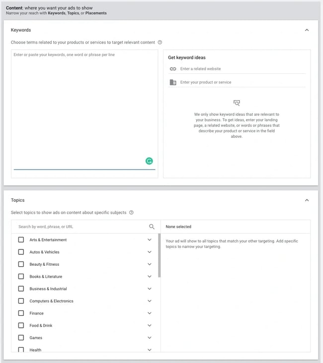 Step 13: Select target keywords, topics, and placements