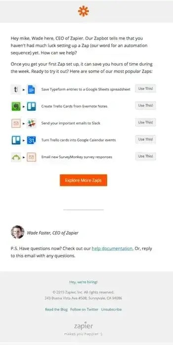 zapier support onboarding email example