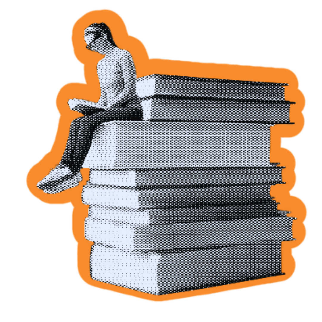 Woman sitting on books.