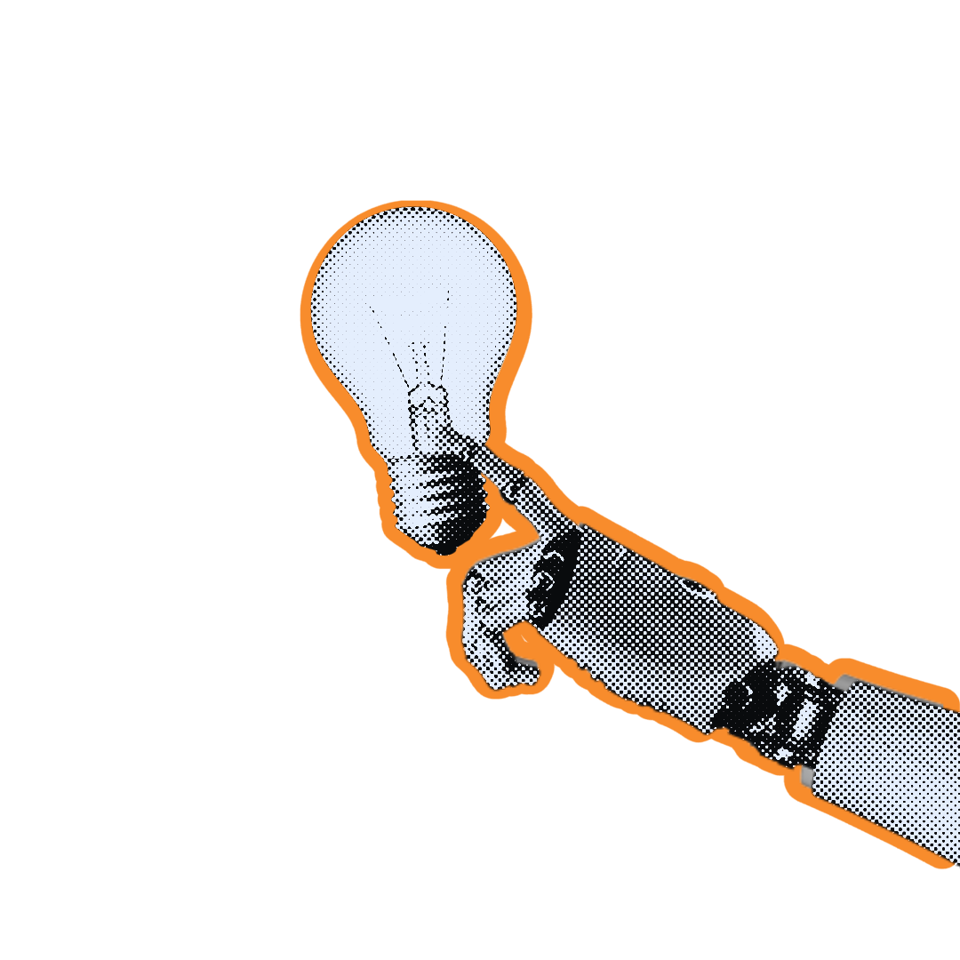 Robot hand pointing at lightbulb.