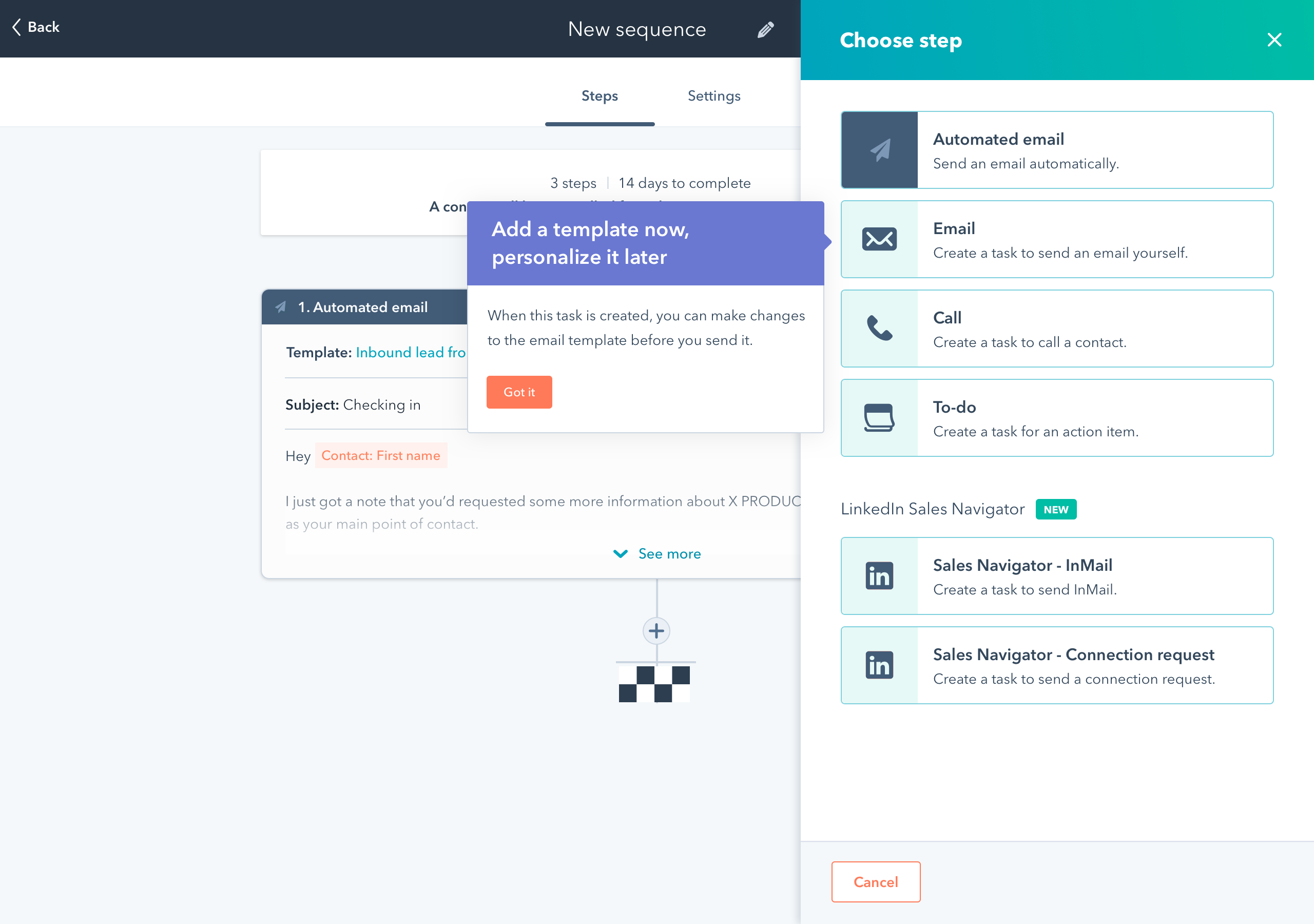 Screen choosing a step to automate with available templates in a new sequence