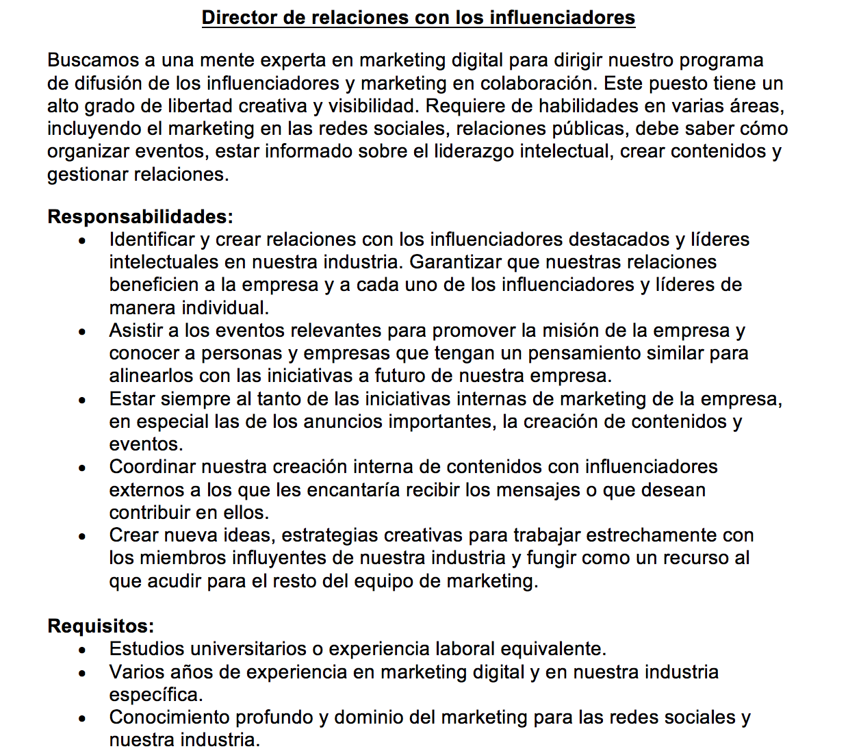 Descripciones de empleos de marketing