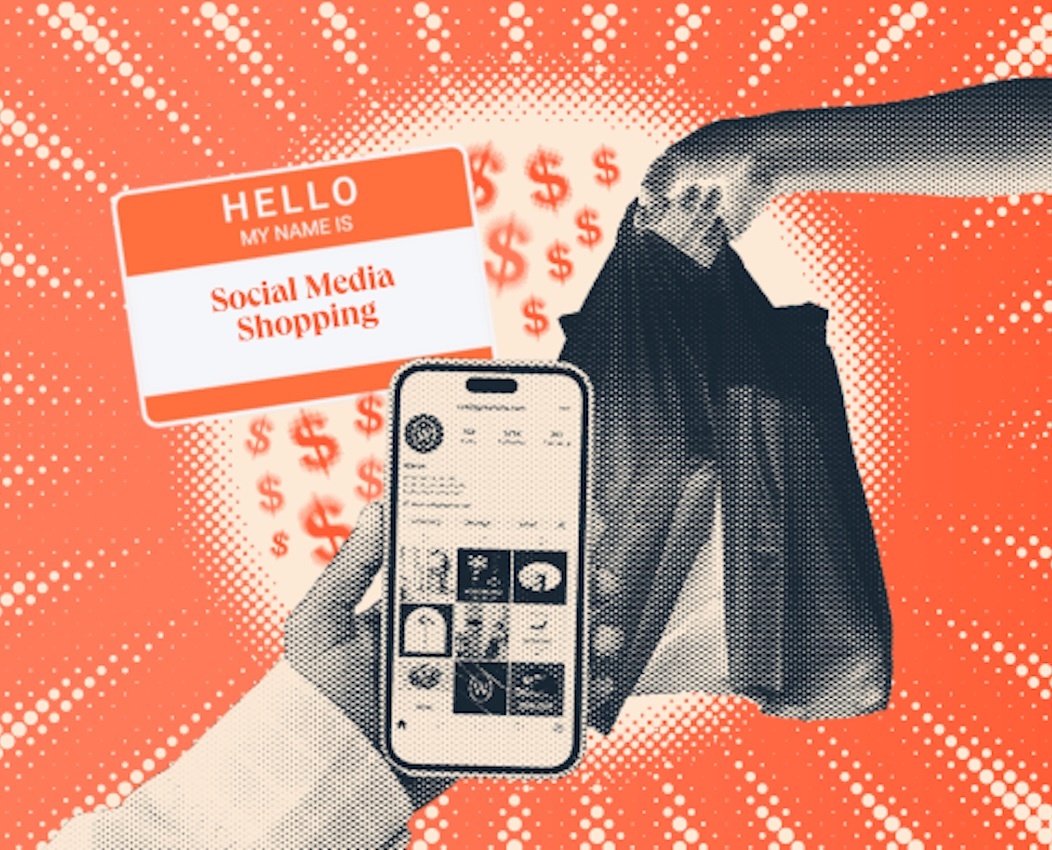 a hubspot-branded featured image graphic with a hand holding out a shopping bag, a hand with an iphone browsing through an instagram profile, and a nametag that says hello my name is social media shopping