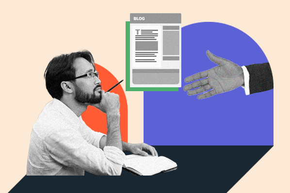 guest writer popular websites: image shows person sitting at desk thinking with writing notepad out 