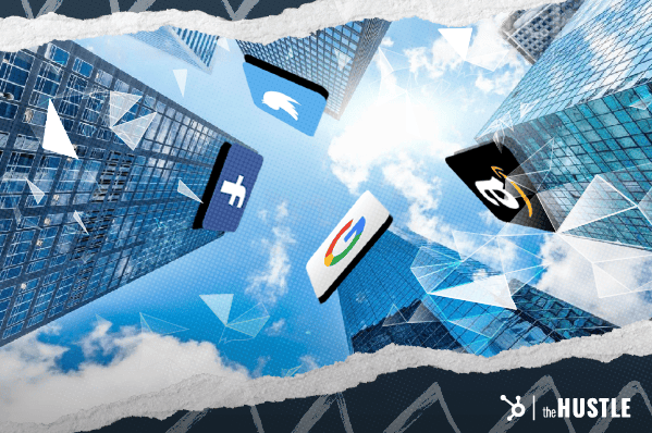 The Future of Google: A Google skyscraper stands tall next to a Twitter, Facebook, and Amazon towers.