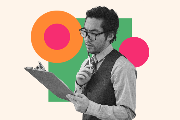 sales assessment test: person looking at clip board