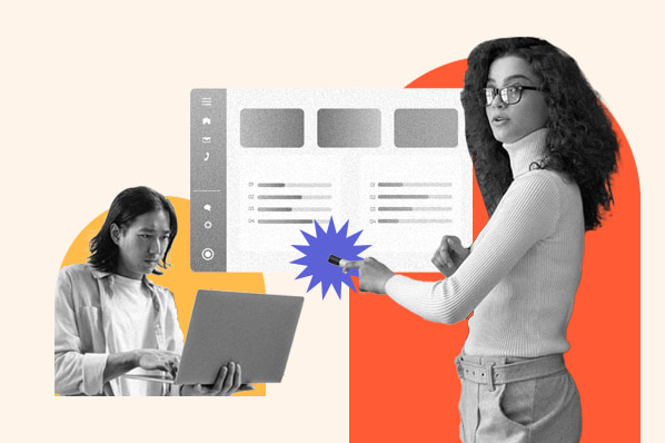 implementation partner: image shows a person looking at a laptop and another person standing nearby looking at a screen 