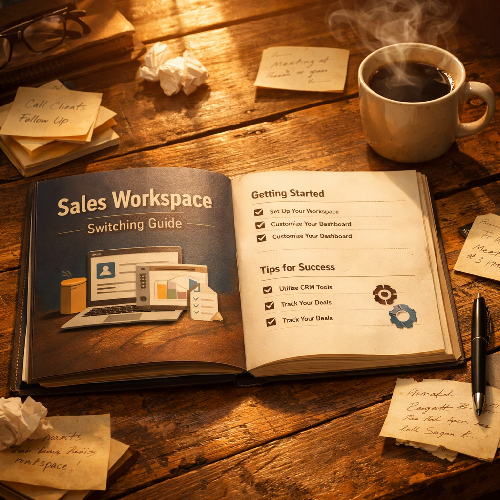 On a rustic wooden desk bathed in warm golden light filtering through a nearby window rests an open guide titled Sales Workspace Switching Guide Surro-1