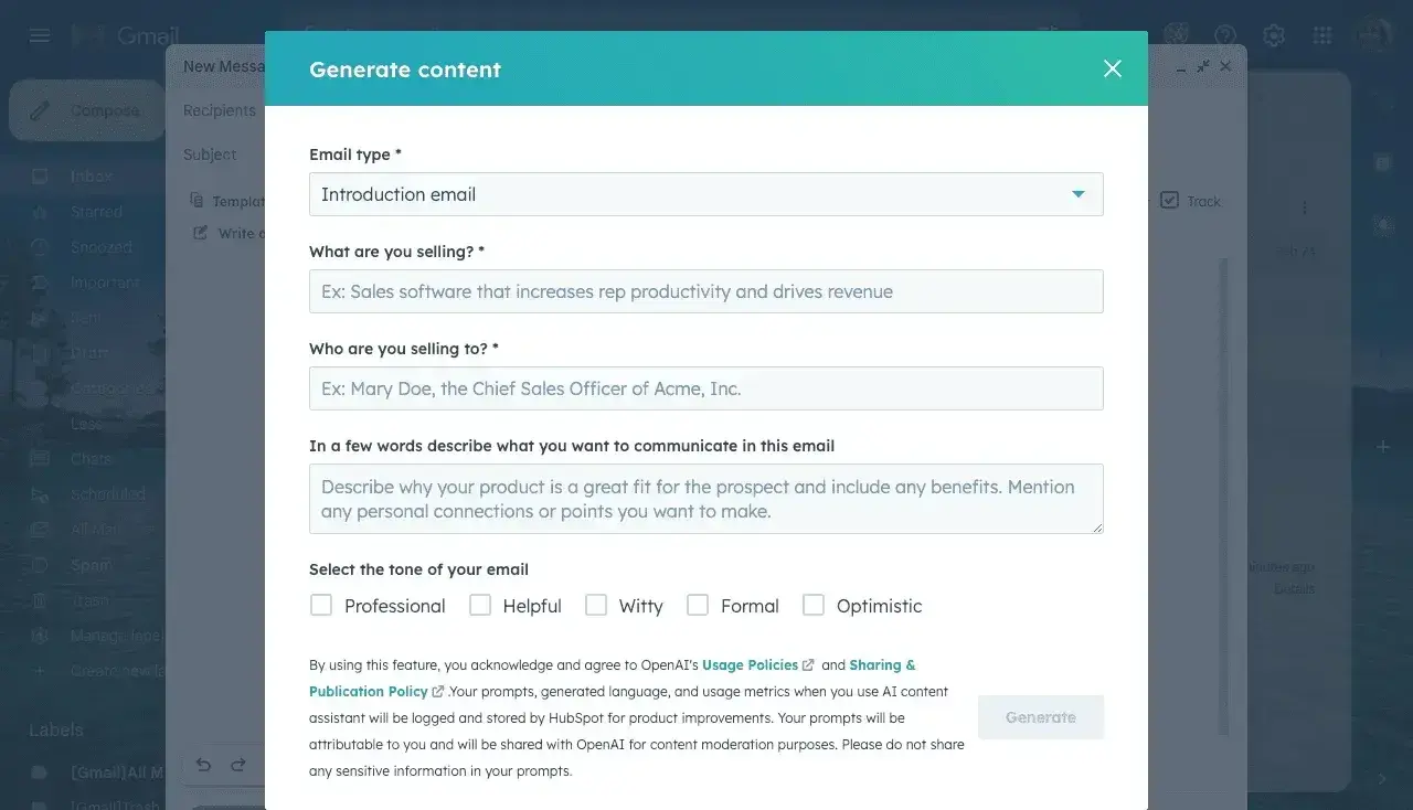 ai-generated content, hubspots ai email writer
