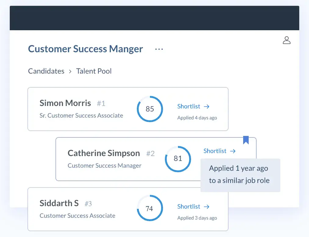 ai recruiting software, screenshot of the Skillates Customer Success Manager widget, displaying various candidates in the talent pool and their percentage of fitness for the role.