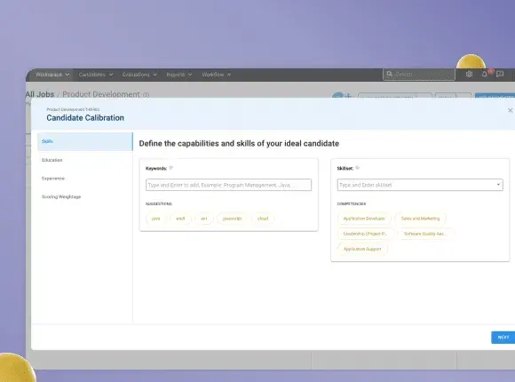 ai recruiting software, screenshot of TurboHires Candidate Calibration screen. The user is on the Skills form, which asks the user to define the capabilities and skills of their ideal candidate.