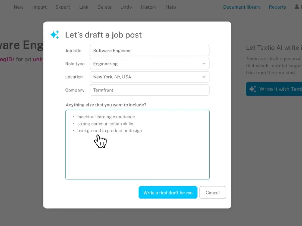 ai recruiting tool Textio, form that reads Lets draft a job post. Includes dropdowns for job title, role type, location, and company, as well as a text box for Anything else that you want to include?